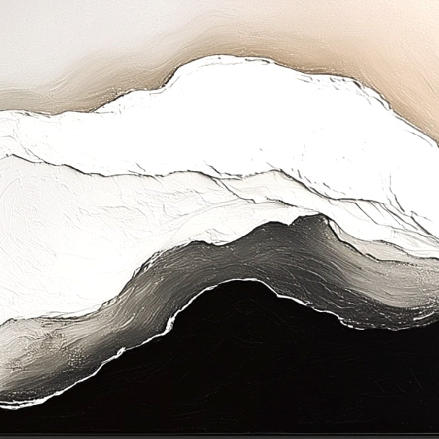 Abstract landscape painting with neutral colors depicting a serene mountainous horizon.