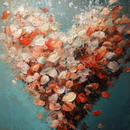 A hand-painted abstract artwork featuring vibrant fish in shades of orange and silver against a heart-shaped background, predominantly in a cool blue to green shade.