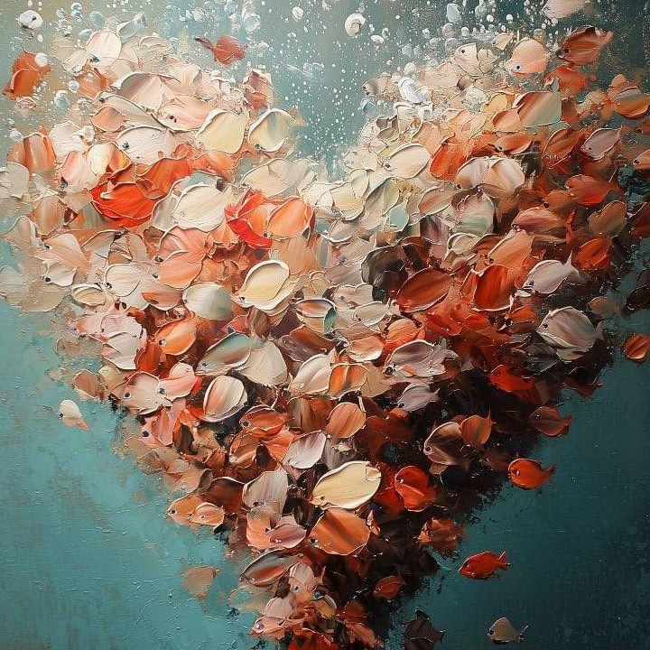 A hand-painted abstract artwork featuring vibrant fish in shades of orange and silver against a heart-shaped background, predominantly in a cool blue to green shade.