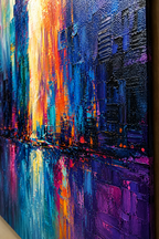 Abstract painting with vibrant colors and cityscape elements