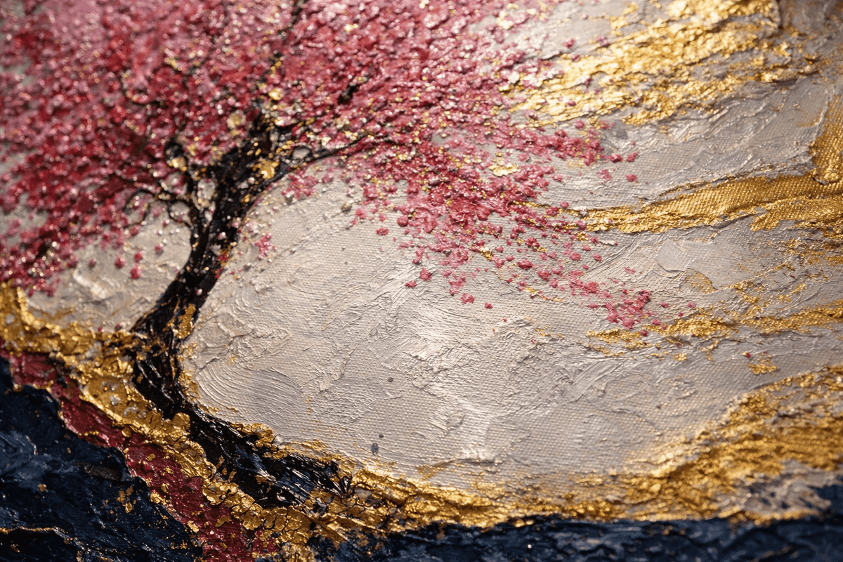 Artistic depiction of a tree with pink blossoms on a textured background with gold and black accents.