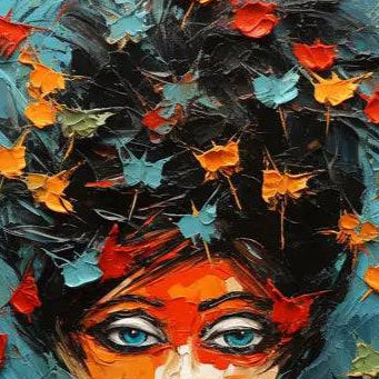 A vertical abstract painting featuring a colorful portrayal of a woman with leaves in her hair, set against a blue background. The painting is showcased in a dimly lit room with a floor lamp beside it.