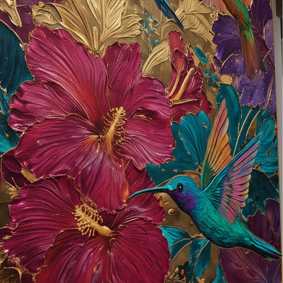 Colorful floral and hummingbird design with gold accents
