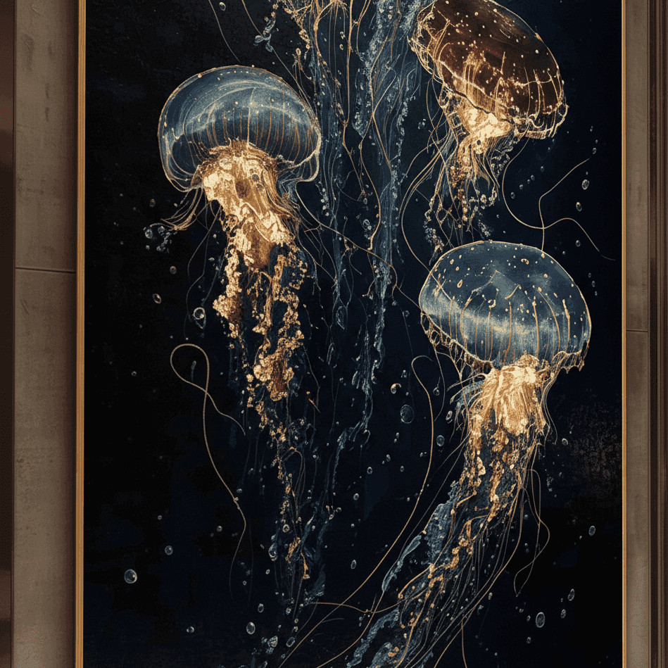 Framed artwork of three jellyfish with a dark background
