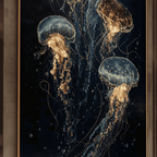 Framed artwork of three jellyfish with a dark background