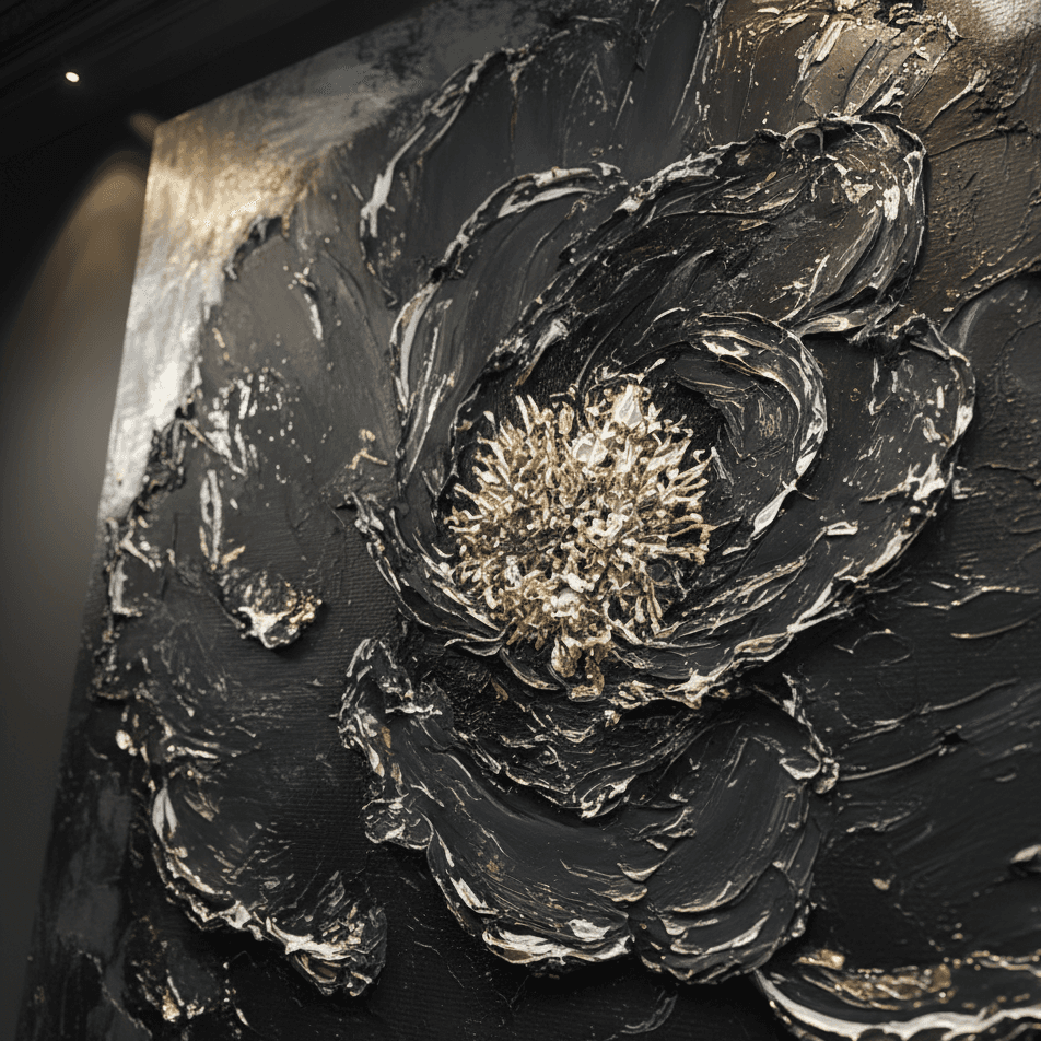 Abstract art piece with black and gold floral design on a dark background