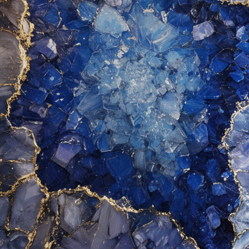 Decorative wall art with blue and gold mineral-like pattern in a modern interior setting.