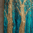 Abstract artwork with gold and teal tree-like patterns on a textured surface