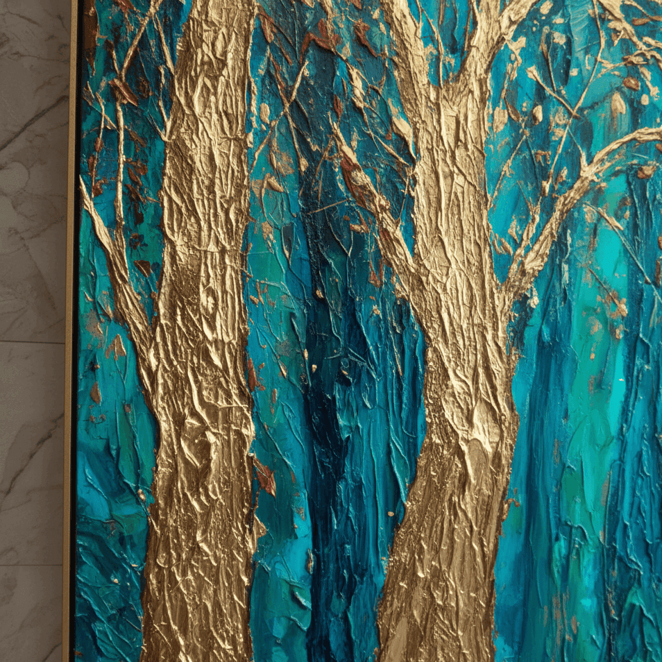 Abstract artwork with gold and teal tree-like patterns on a textured surface