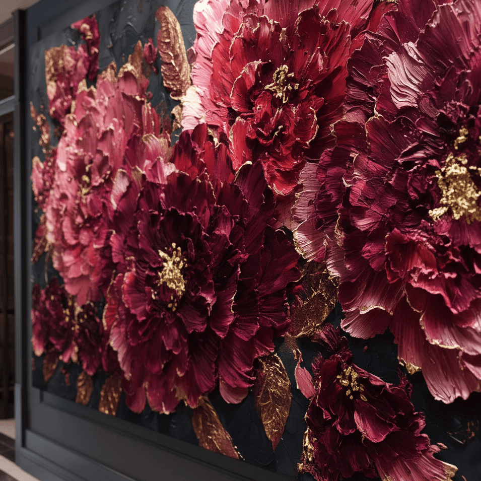 Close-up of a decorative wall art piece with pink and red flowers on a dark background.