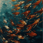 Artistic depiction of goldfish swimming in water with a focus on color and movement.