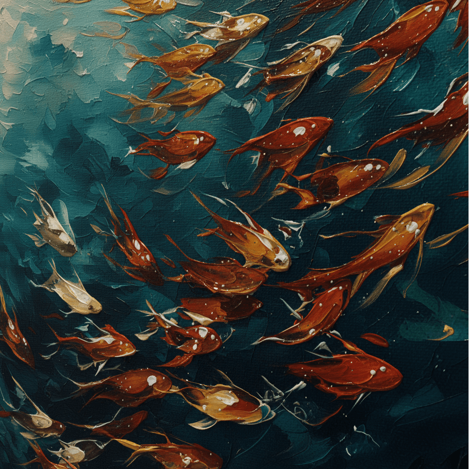 Artistic depiction of goldfish swimming in water with a focus on color and movement.
