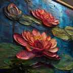 Oil painting of pink water lilies on a blue background